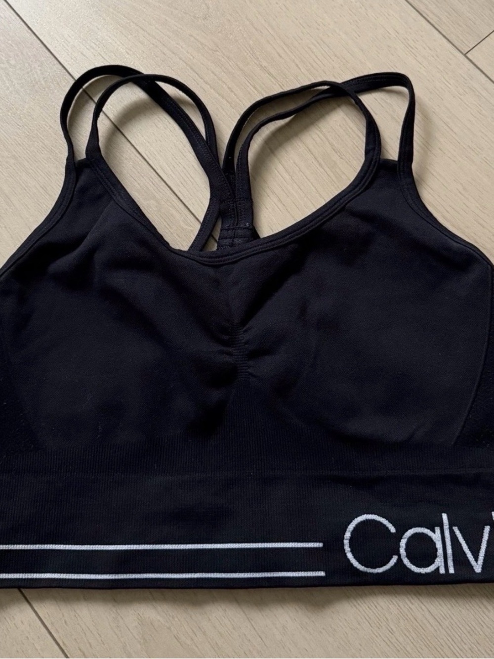Calvin Klein Black Seamless Double-Strap Sports Bralette with Logo Band